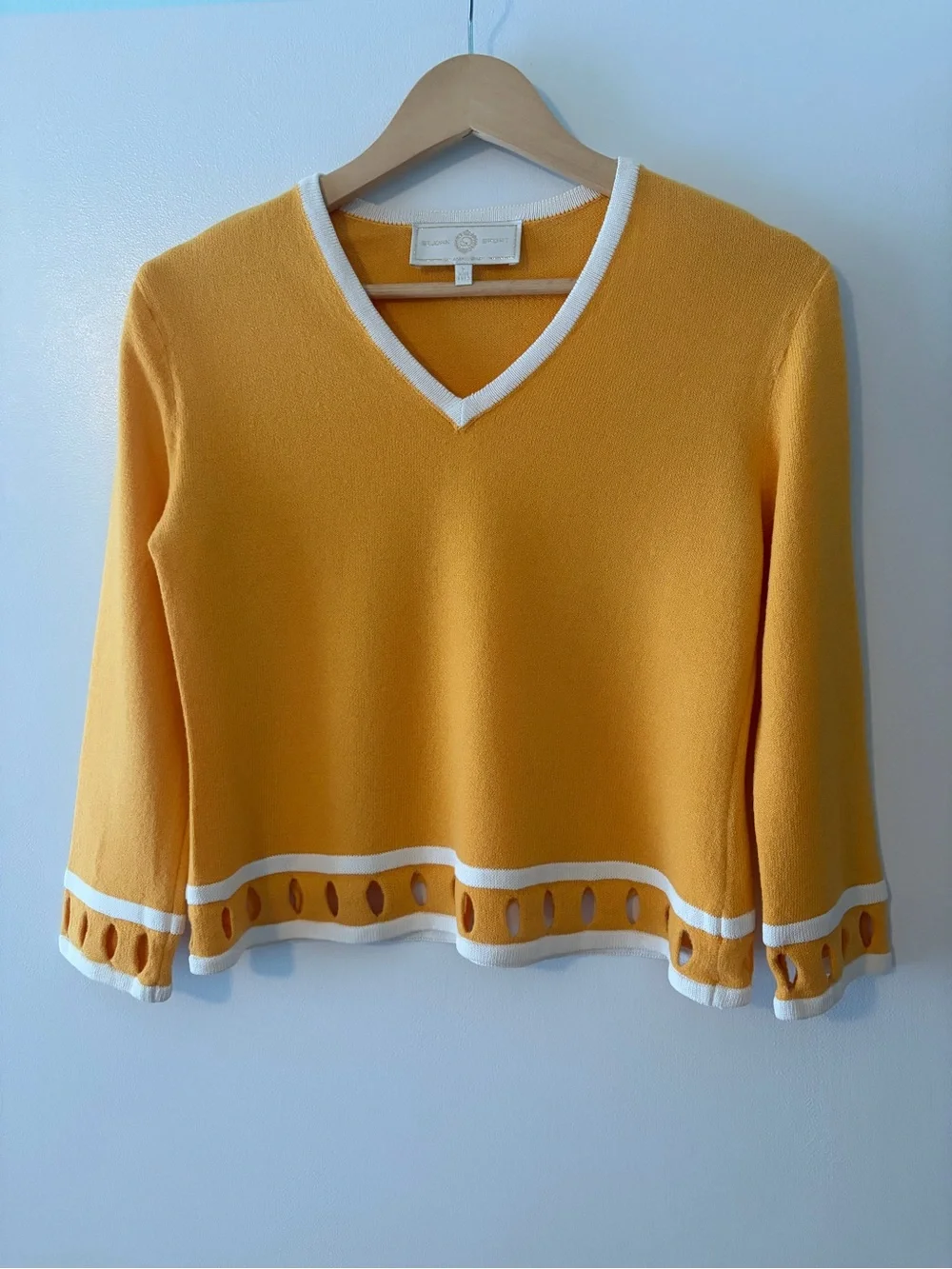 St. John Sport by Marie Gray Size S Golden Yellow Santana Knit Sweater Cutouts - Picture 2 of 8